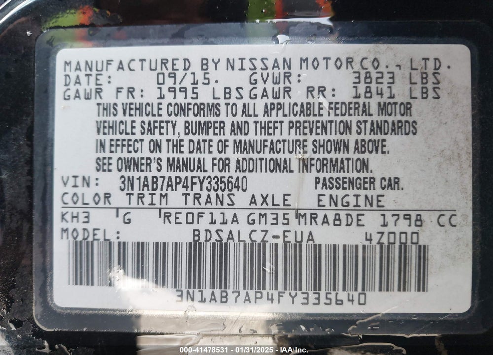 2015 NISSAN SENTRA VIN: 3N1AB7AP4FY335640
