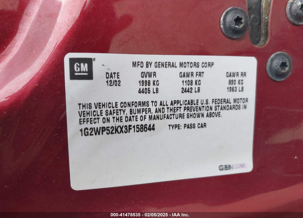 2003 PONTIAC GRAND PRIX GT VIN: 1G2WP52KX3F158644