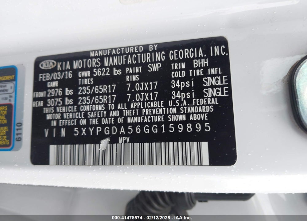 2016 KIA SORENTO 3.3L LX VIN: 5XYPGDA56GG159895