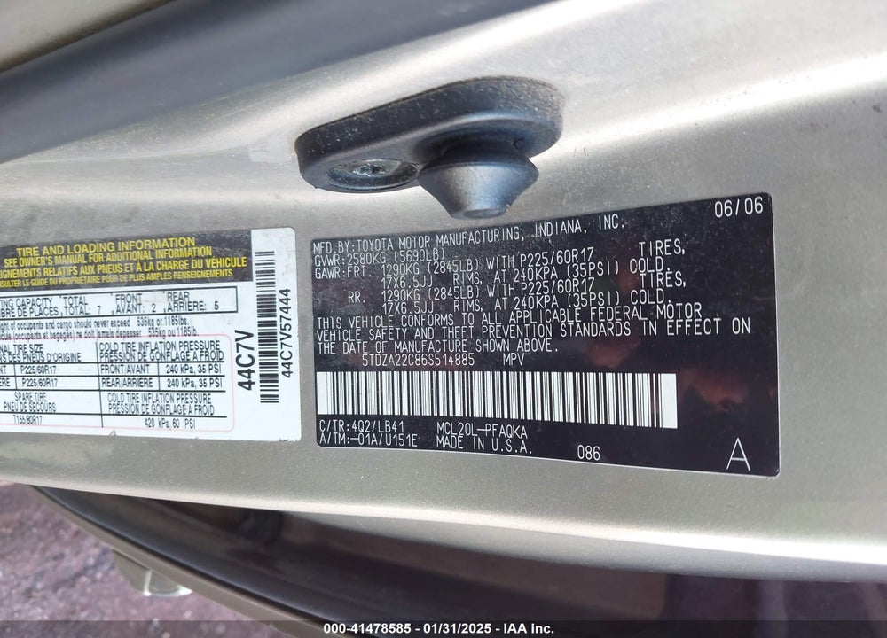 2006 TOYOTA SIENNA XLE LIMITED VIN: 5TDZA22C86S514885