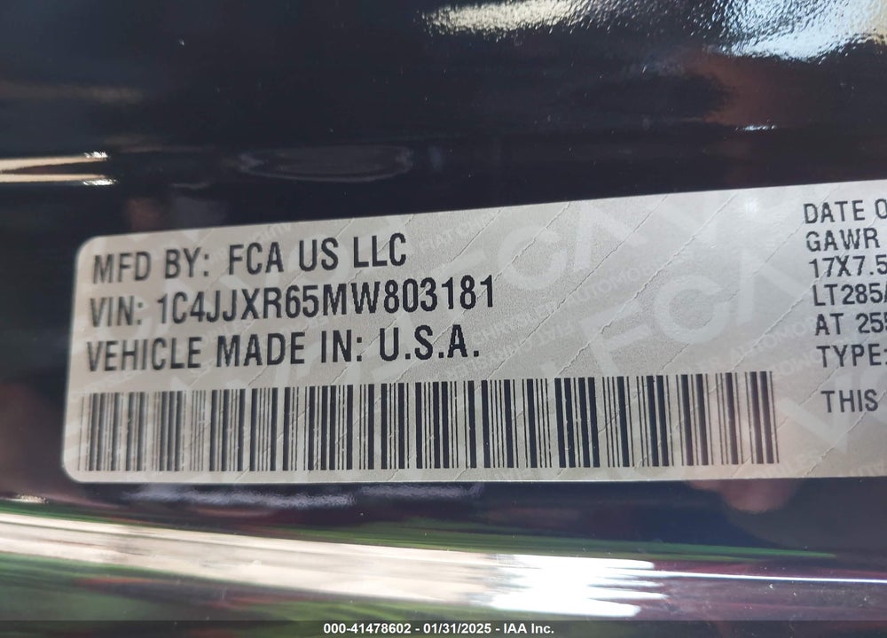 2021 JEEP WRANGLER UNLIMITED VIN: 1C4JJXR65MW803181