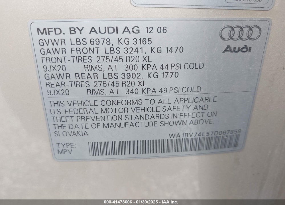 2007 AUDI Q7 4.2 PREMIUM VIN: WA1BV74L57D067858