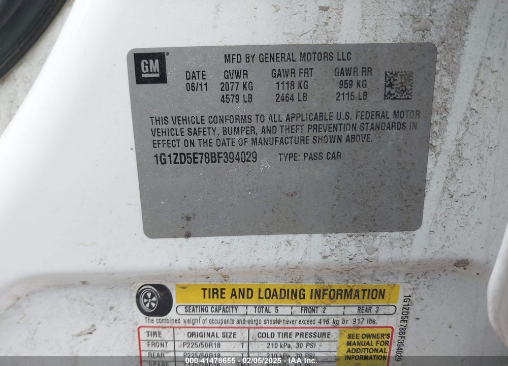 2011 CHEVROLET MALIBU VIN: 1G1ZD5E78BF394029