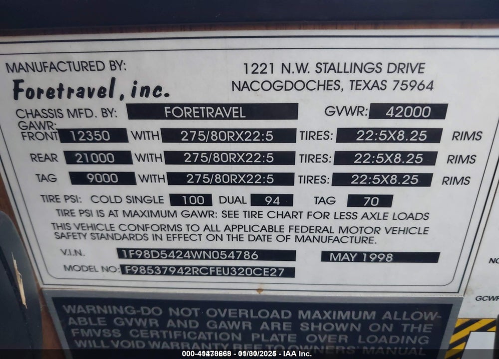 1998 FORETRAVEL MOTORHOME U320 VIN: 1F98D5424WN054786