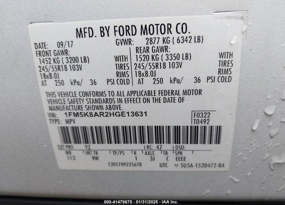 2017 FORD POLICE INTERCEPTOR VIN: 1FM5K8AR2HGE13631
