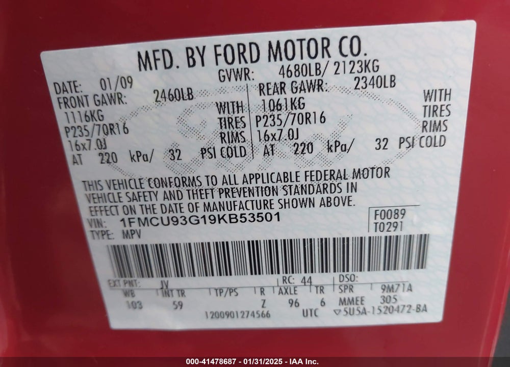 2009 FORD ESCAPE XLT VIN: 1FMCU93G19KB53501