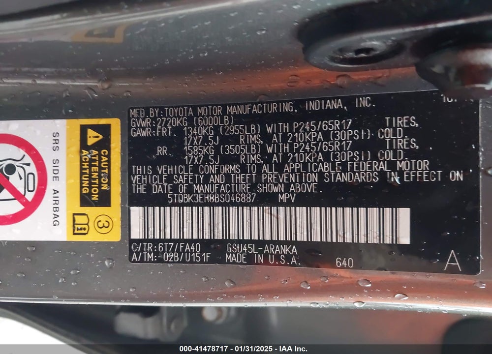 2011 TOYOTA HIGHLANDER SE VIN: 5TDBK3EH8BS046887