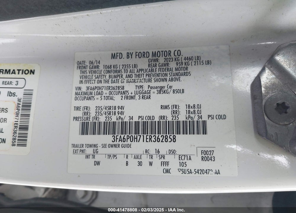 2014 FORD FUSION VIN: 3FA6P0H71ER362858