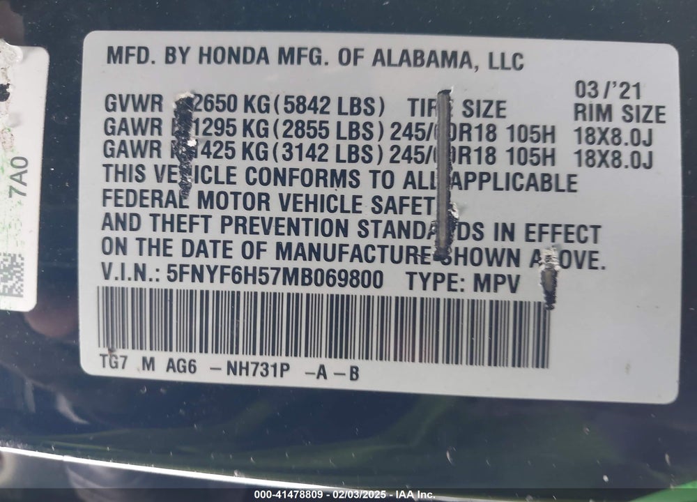 2021 HONDA PILOT VIN: 5FNYF6H57MB069800