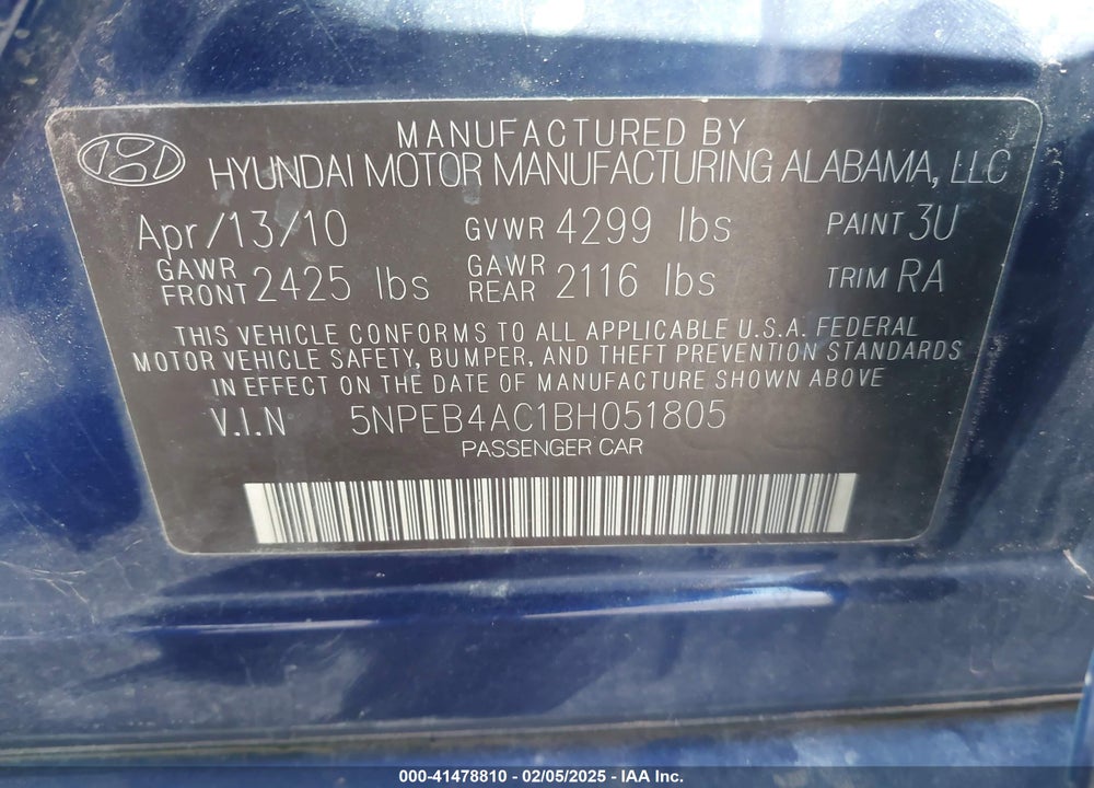 2011 HYUNDAI SONATA VIN: 5NPEB4AC1BH051805