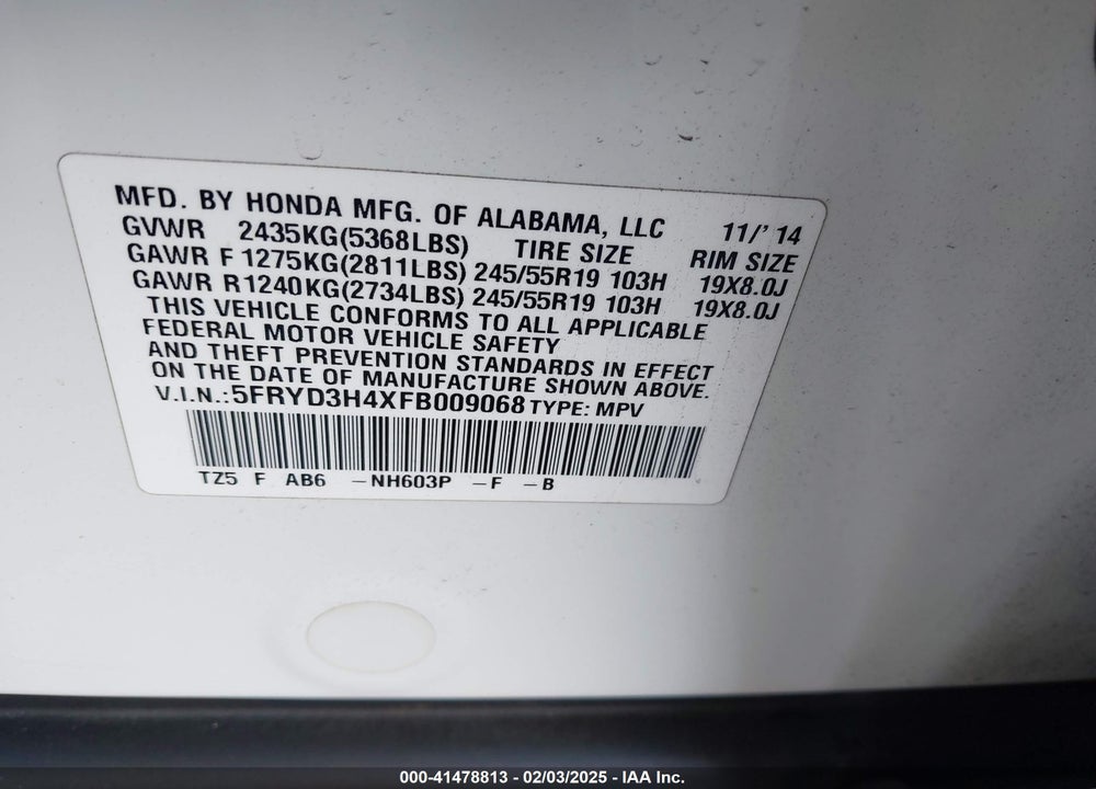 2015 ACURA MDX TECHNOLOGY PACKAGE VIN: 5FRYD3H4XFB009068