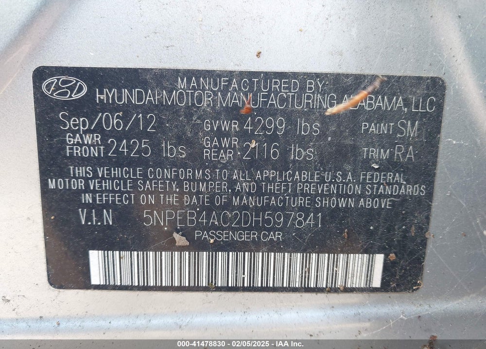 2013 HYUNDAI SONATA VIN: 5NPEB4AC2DH597841