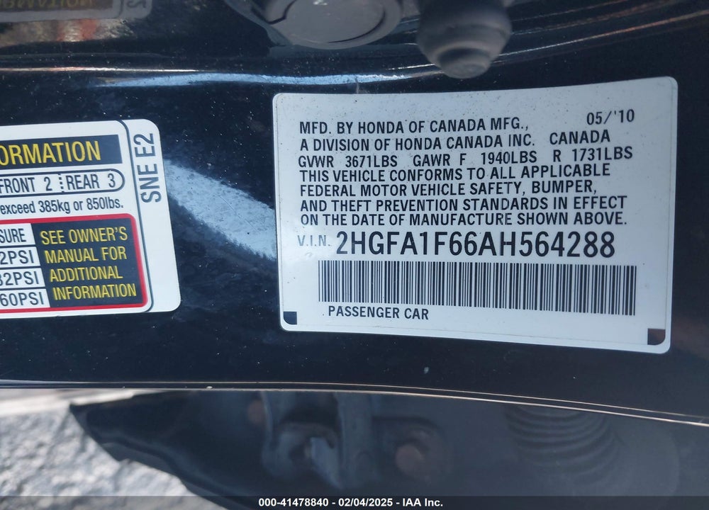 2010 HONDA CIVIC LX-S VIN: 2HGFA1F66AH564288