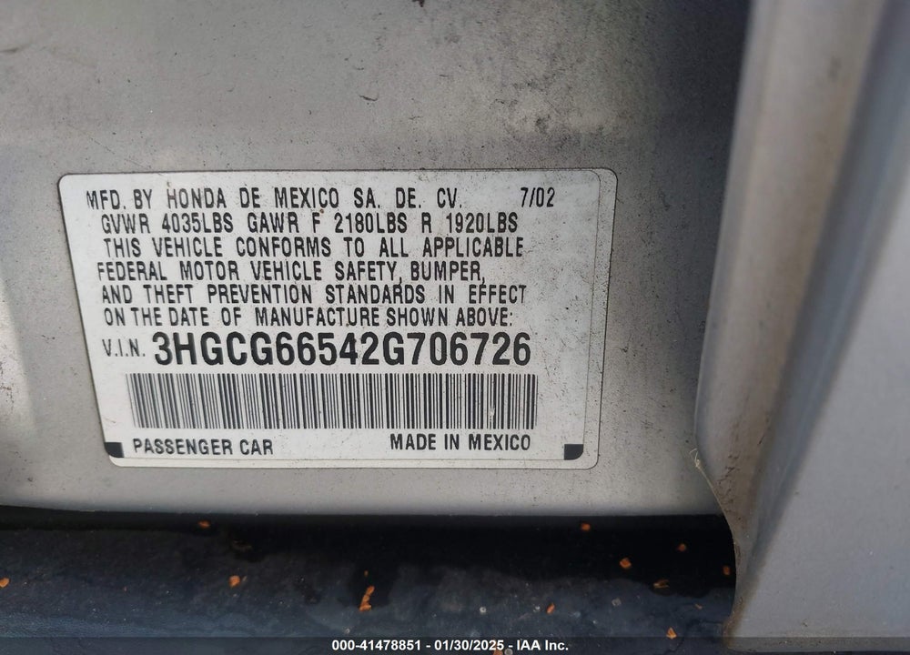 2002 HONDA ACCORD 2.3 LX VIN: 3HGCG66542G706726