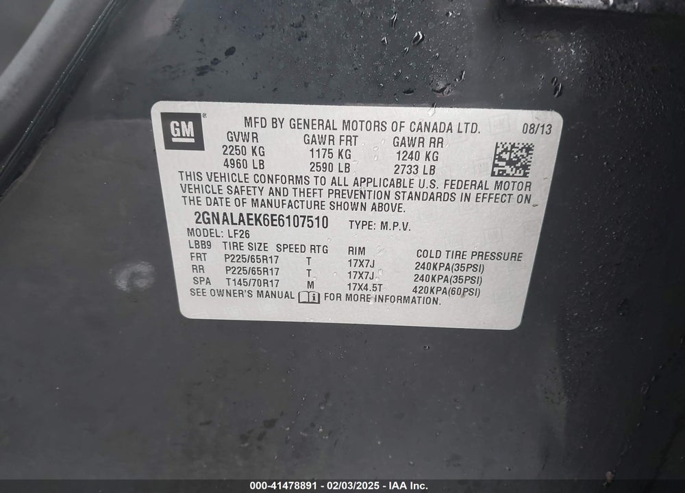 2014 CHEVROLET EQUINOX VIN: 2GNALAEK6E6107510