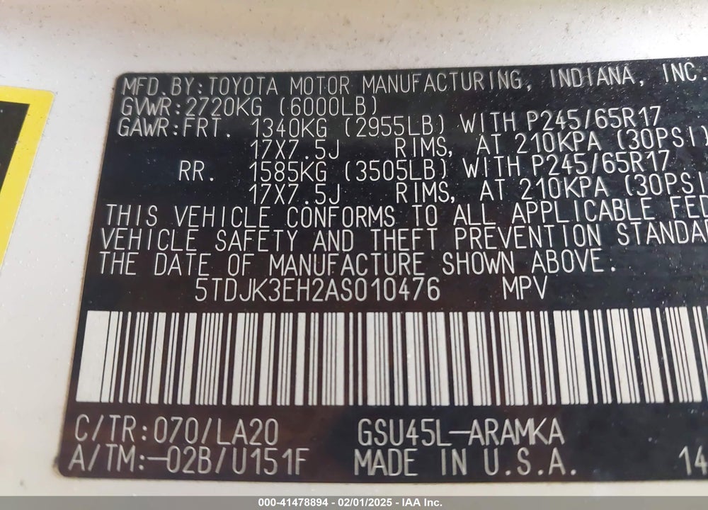 2010 TOYOTA HIGHLANDER SE V6 VIN: 5TDJK3EH2AS010476