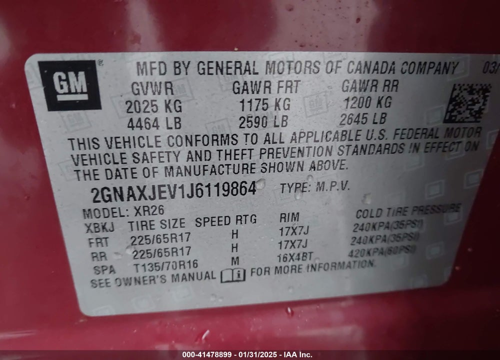 2018 CHEVROLET EQUINOX LT VIN: 2GNAXJEV1J6119864