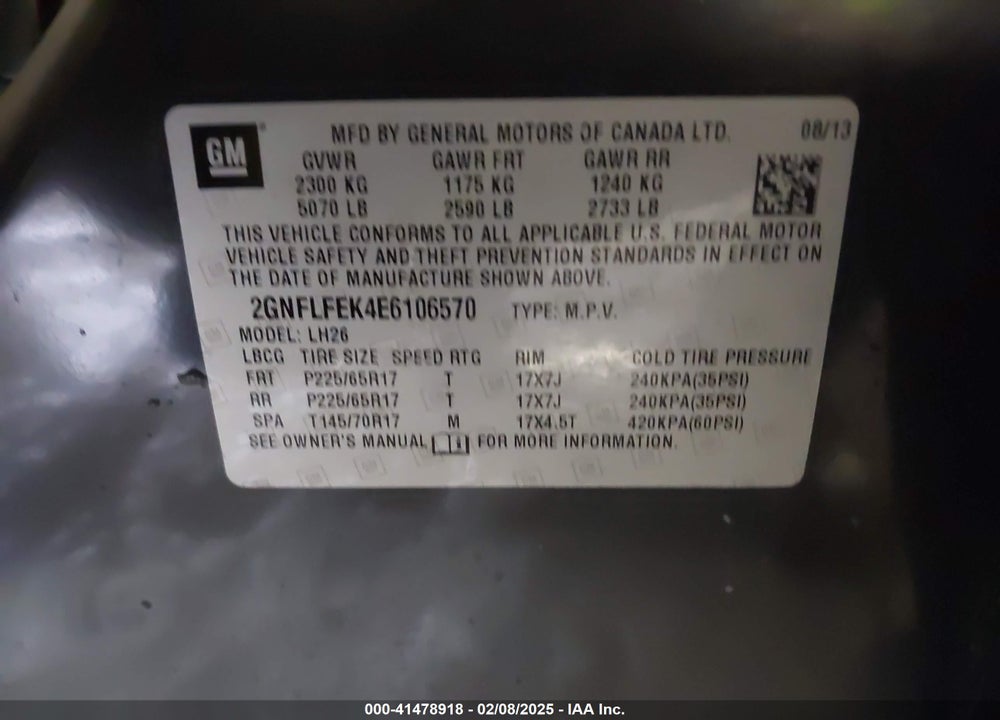 2014 CHEVROLET EQUINOX VIN: 2GNFLFEK4E6106570