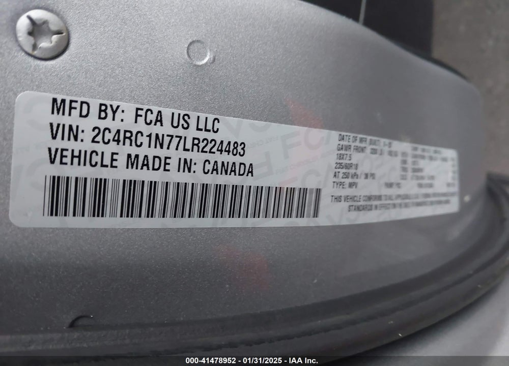 2020 CHRYSLER PACIFICA VIN: 2C4RC1N77LR224483