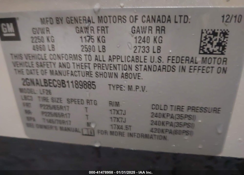 2011 CHEVROLET EQUINOX LS VIN: 2GNALBEC9B1189885