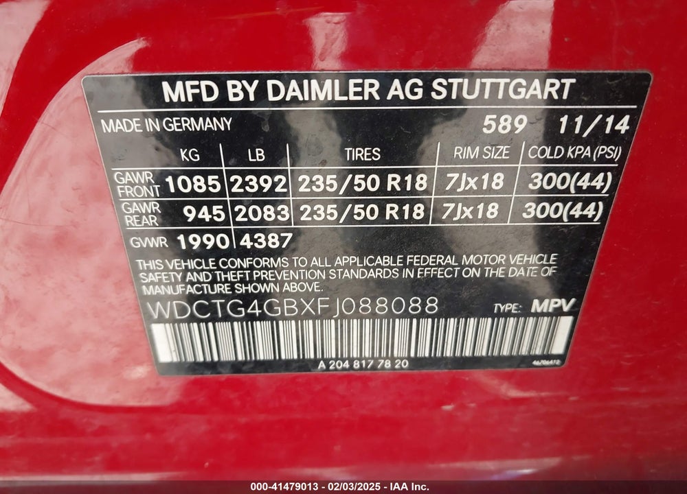 2015 MERCEDES-BENZ GLA 250 4MATIC VIN: WDCTG4GBXFJ088088