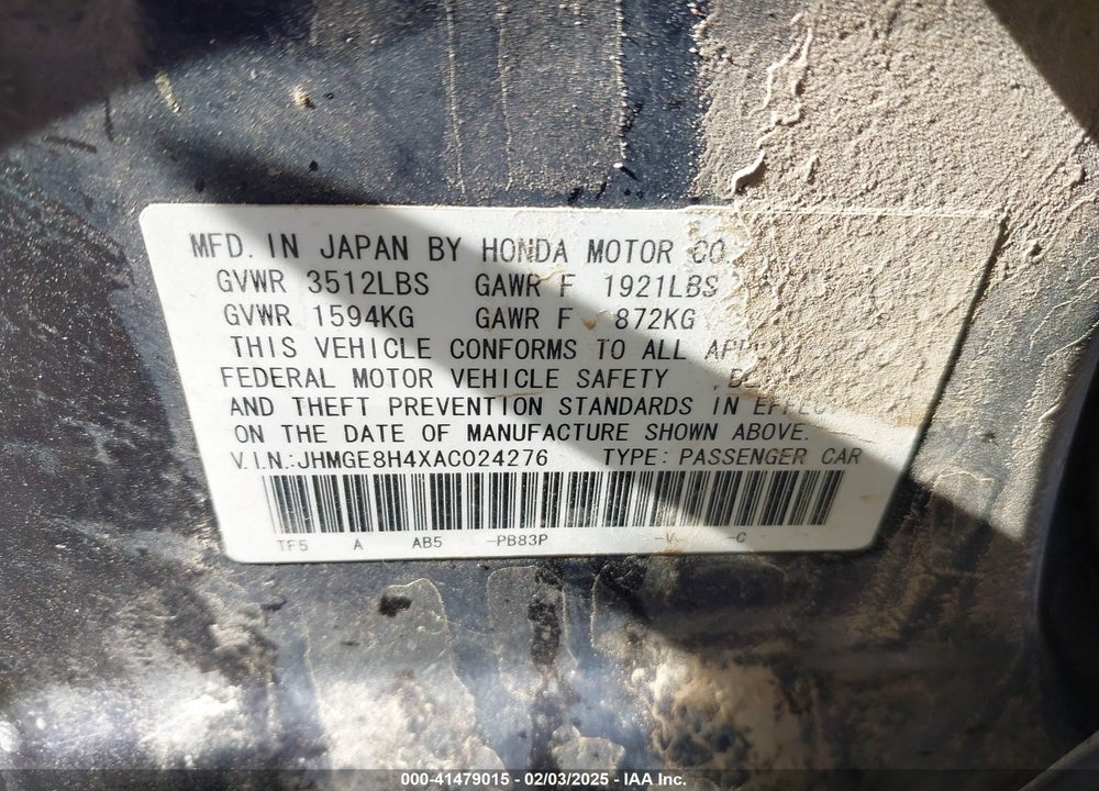 2010 HONDA FIT SPORT VIN: JHMGE8H4XAC024276