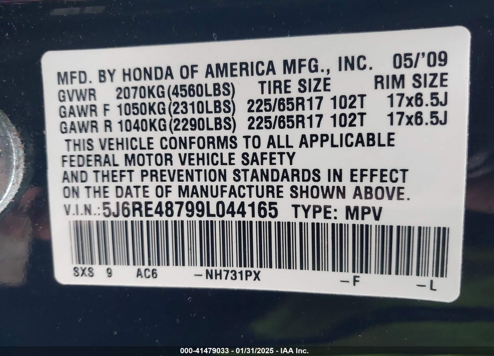 2009 HONDA CR-V EX-L VIN: 5J6RE48799L044165