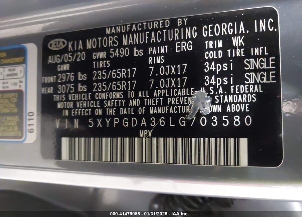2020 KIA SORENTO VIN: 5XYPGDA36LG703580
