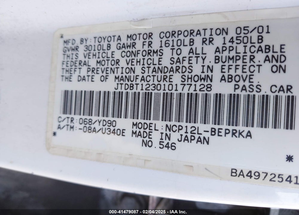 2001 TOYOTA ECHO VIN: JTDBT123010177128
