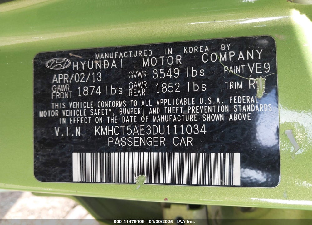 2013 HYUNDAI ACCENT VIN: KMHCT5AE3DU111034