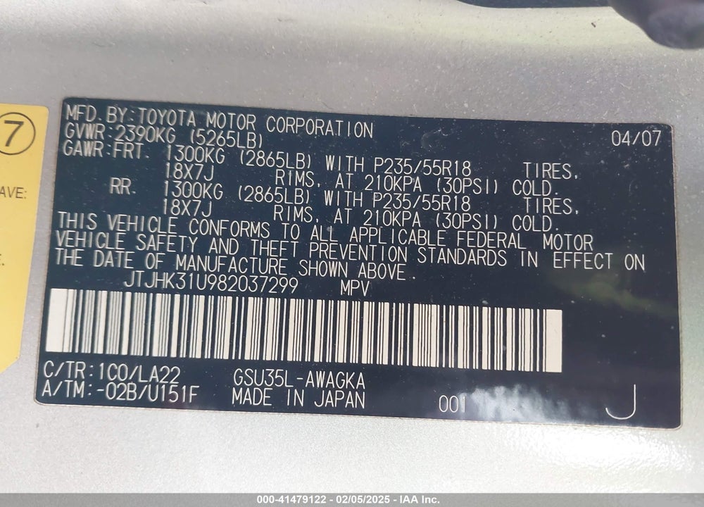 2008 LEXUS RX 350 VIN: JTJHK31U982037299