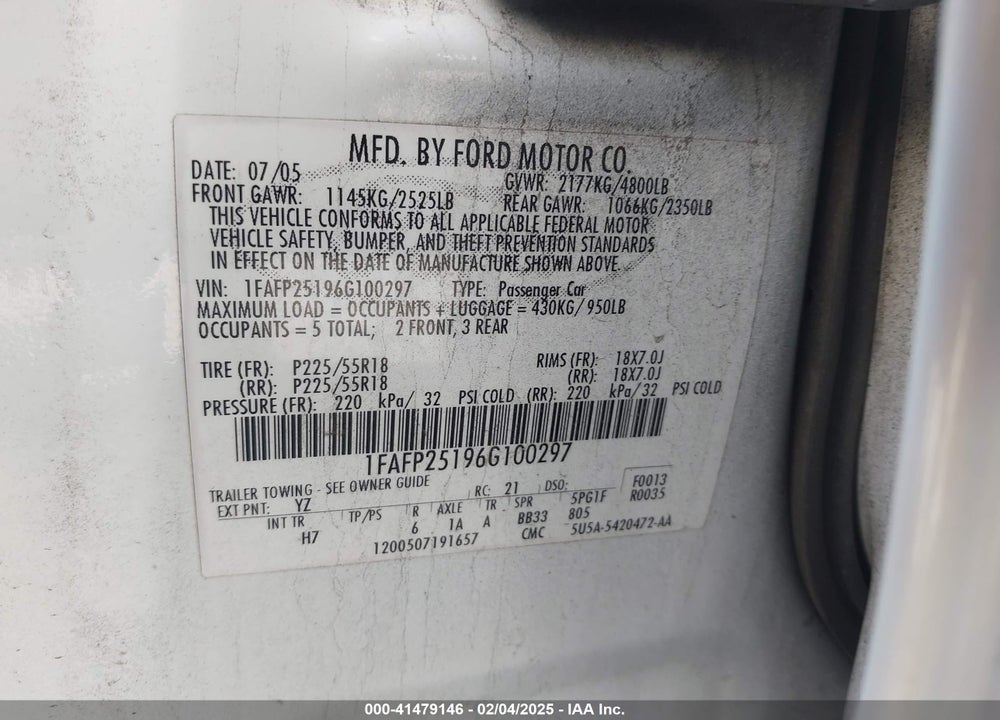 2006 FORD FIVE HUNDRED VIN: 1FAFP25196G100297