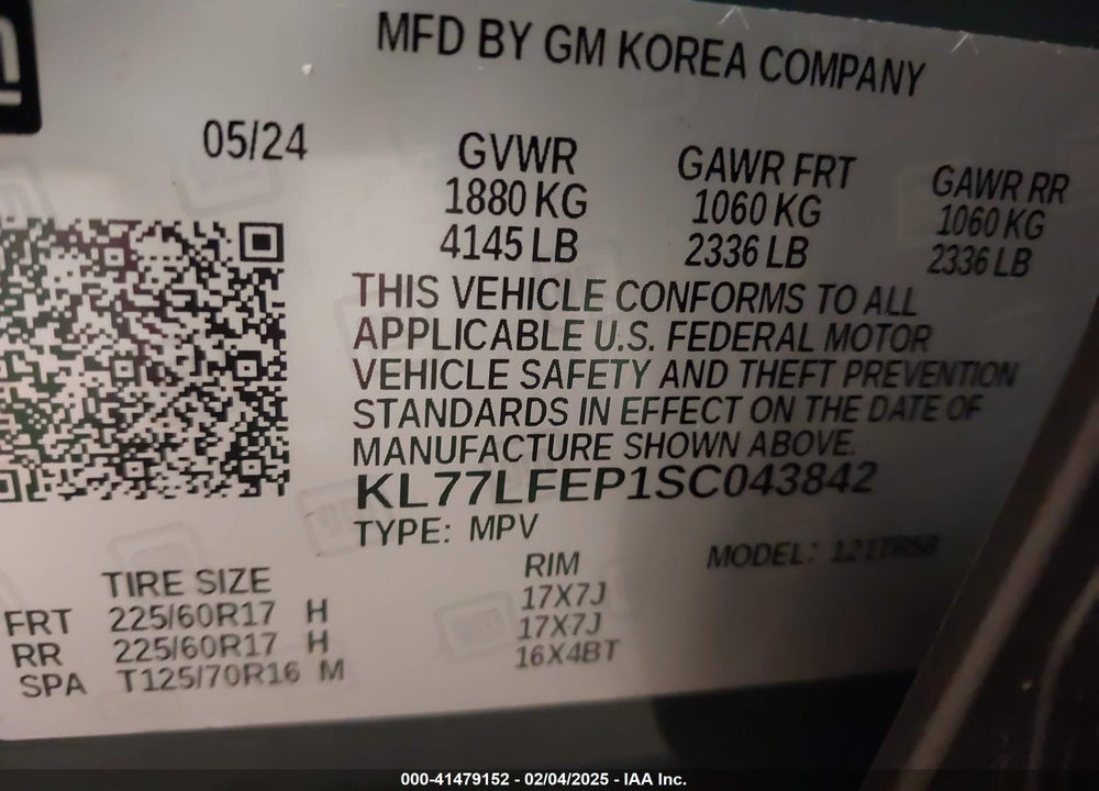 2025 CHEVROLET TRAX VIN: KL77LFEP1SC043842