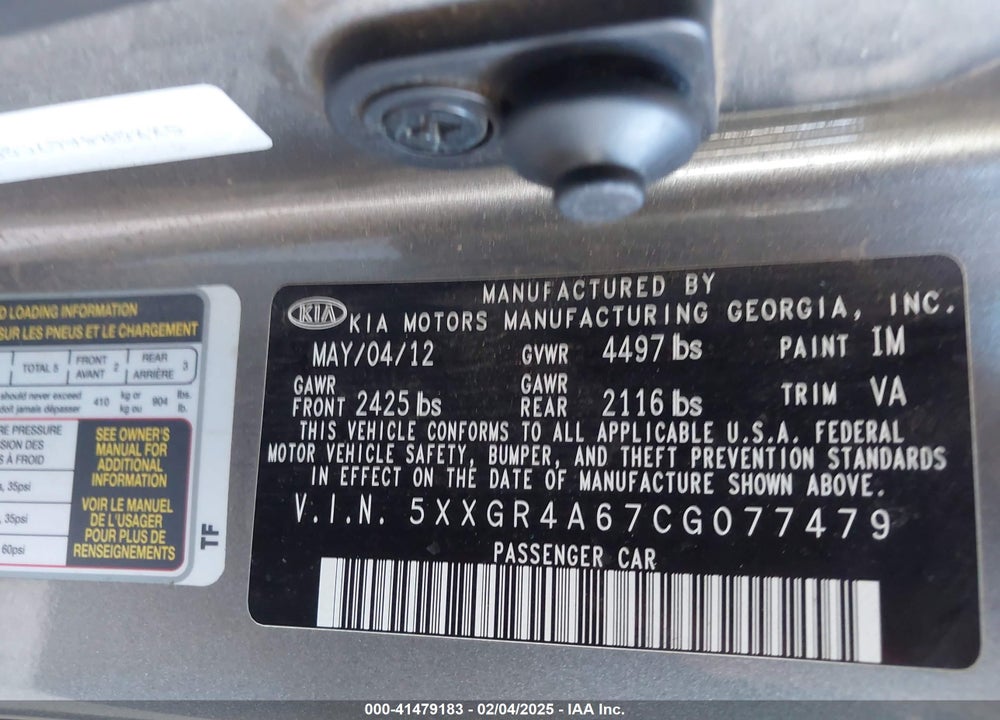 2012 KIA OPTIMA VIN: 5XXGR4A67CG077479