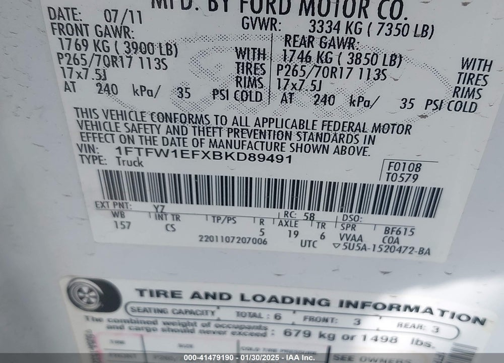 2011 FORD F-150 VIN: 1FTFW1EFXBKD89491