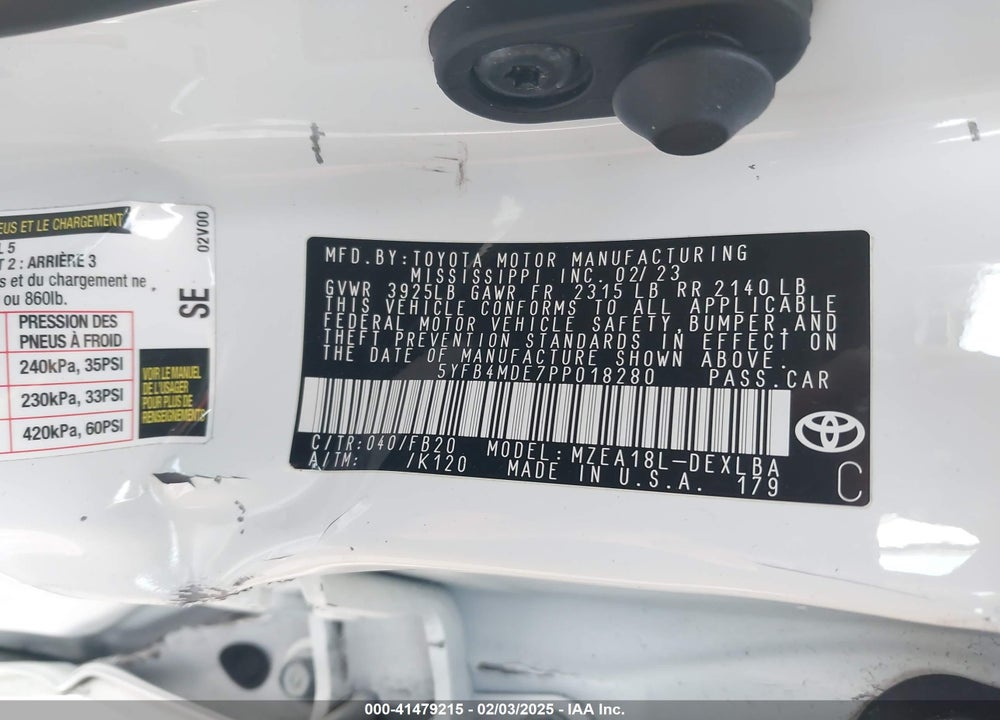 2023 TOYOTA COROLLA VIN: 5YFB4MDE7PP018280