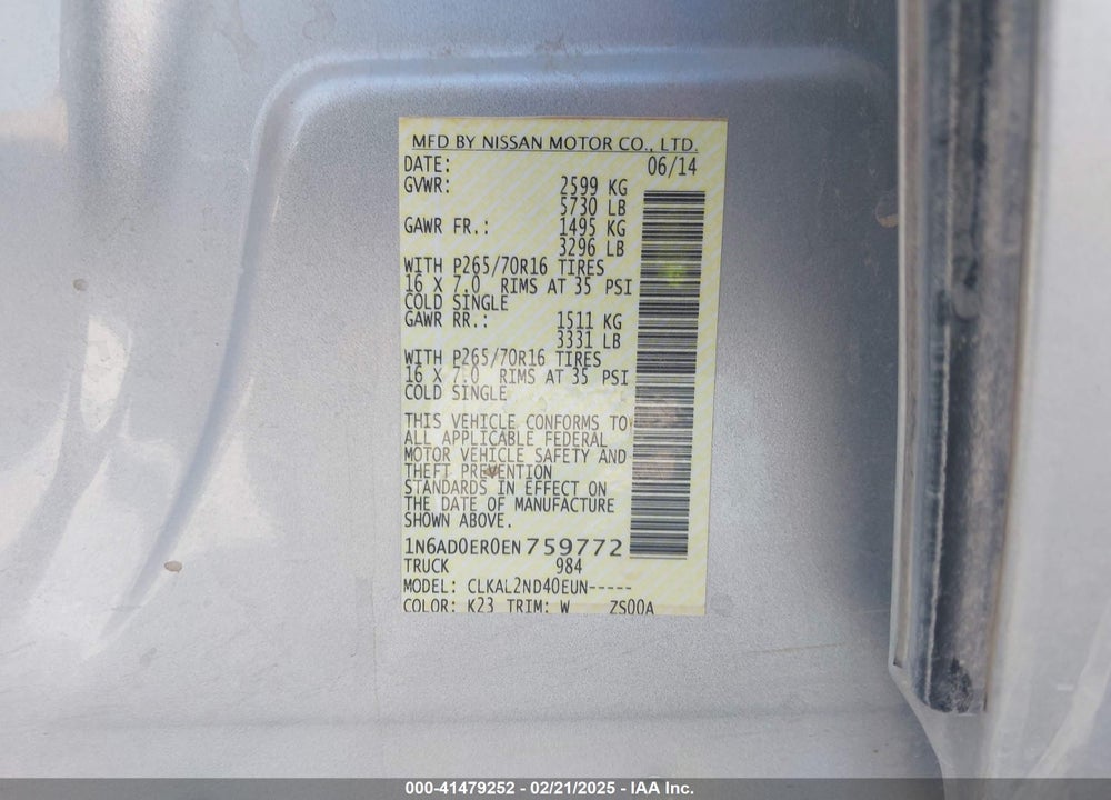 2014 NISSAN FRONTIER VIN: 1N6AD0ER0EN759772