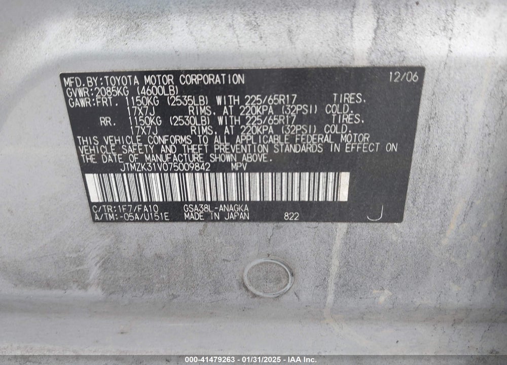 2007 TOYOTA RAV4 VIN: JTMZK31V075009842