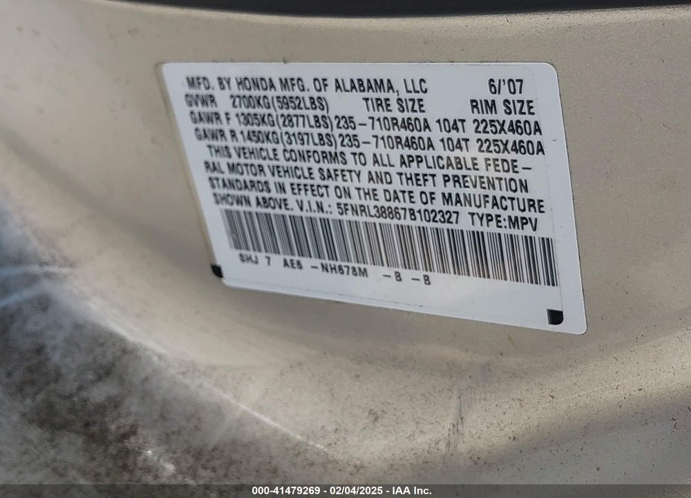 2007 HONDA ODYSSEY TOURING VIN: 5FNRL38867B102327
