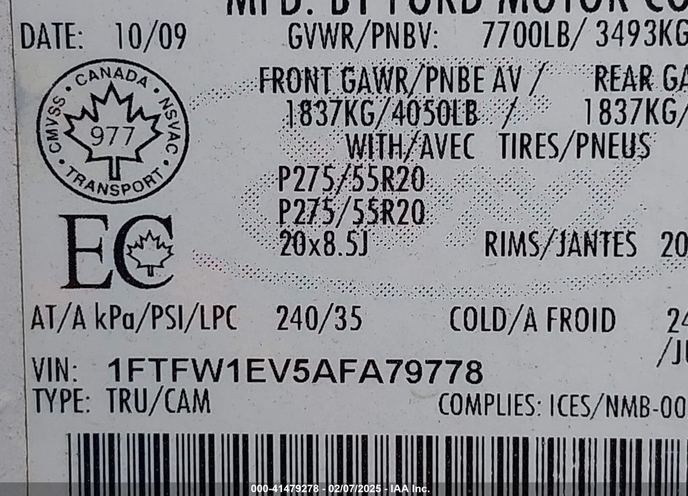 2010 FORD F-150 FX4/HARLEY-DAVIDSON/KING RANCH/LARIAT/PLATINUM/XL/XLT VIN: 1FTFW1EV5AFA79778