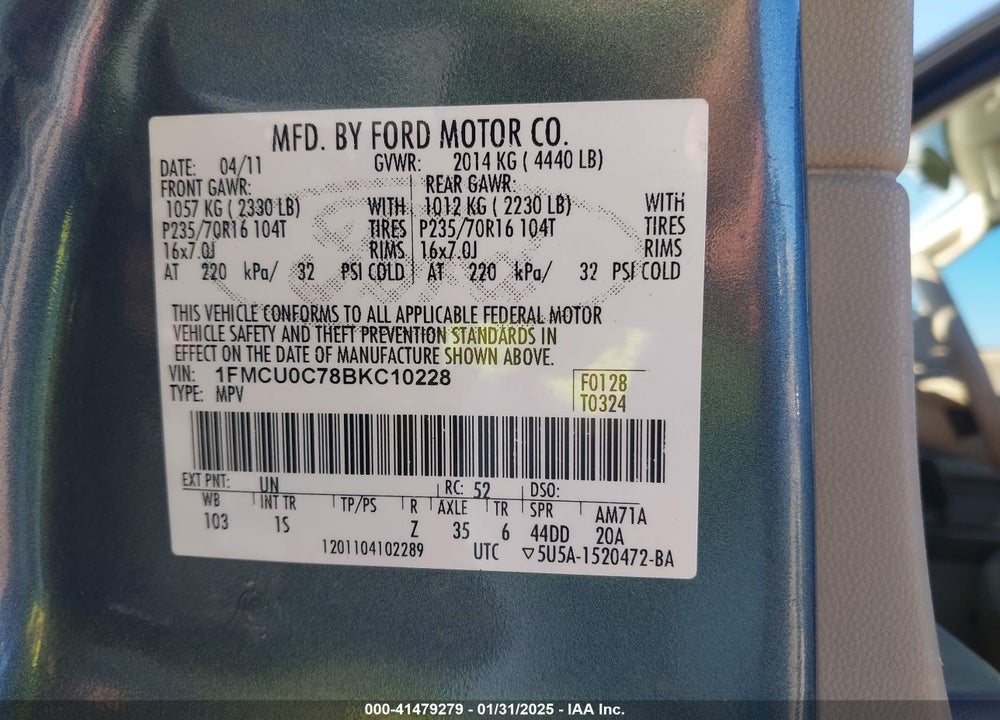 2011 FORD ESCAPE VIN: 1FMCU0C78BKC10228