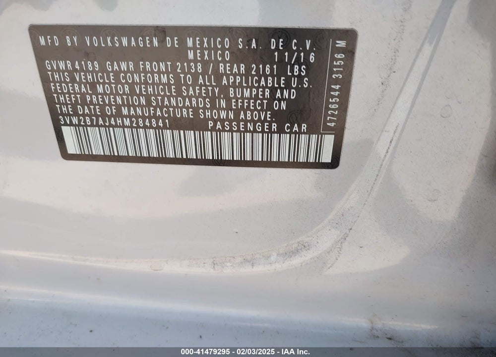 2017 VOLKSWAGEN JETTA VIN: 3VW2B7AJ4HM284841