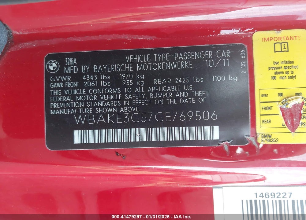 2012 BMW 328I VIN: WBAKE3C57CE769506