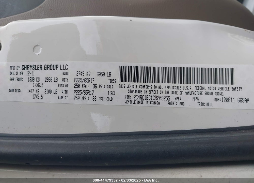 2012 CHRYSLER TOWN & COUNTRY VIN: 2C4RC1BG1CR209255