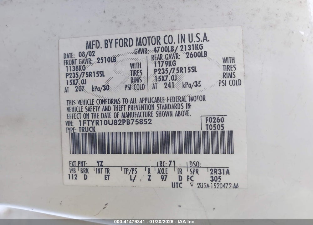 2002 FORD RANGER EDGE/XL/XLT VIN: 1FTYR10U82PB75852