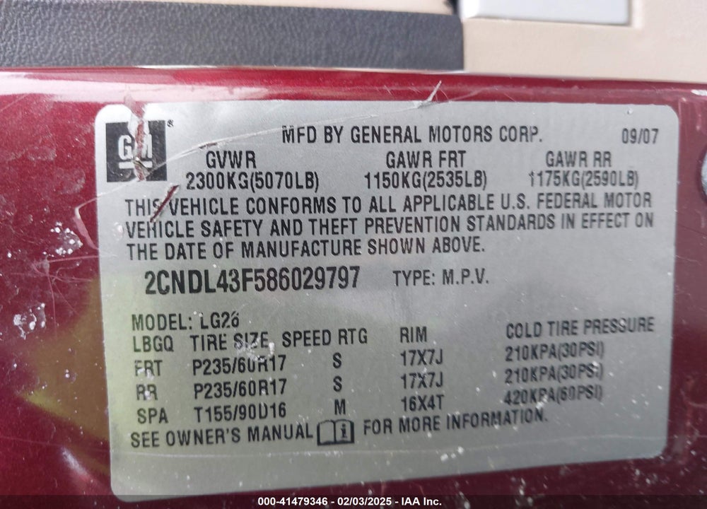 2008 CHEVROLET EQUINOX LT VIN: 2CNDL43F586029797