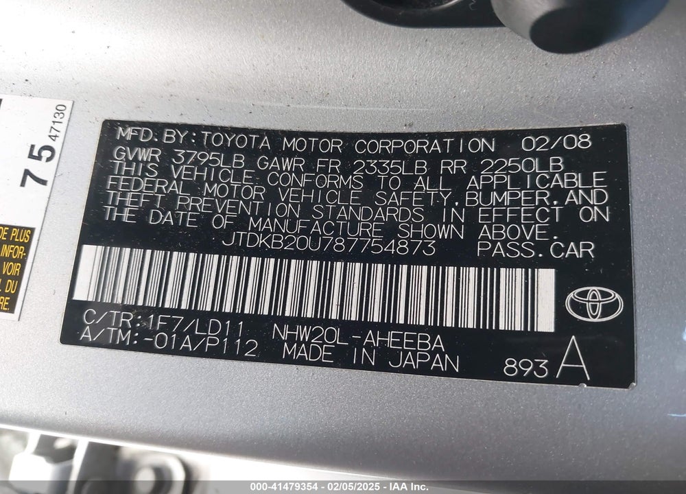 2008 TOYOTA PRIUS VIN: JTDKB20U787754873