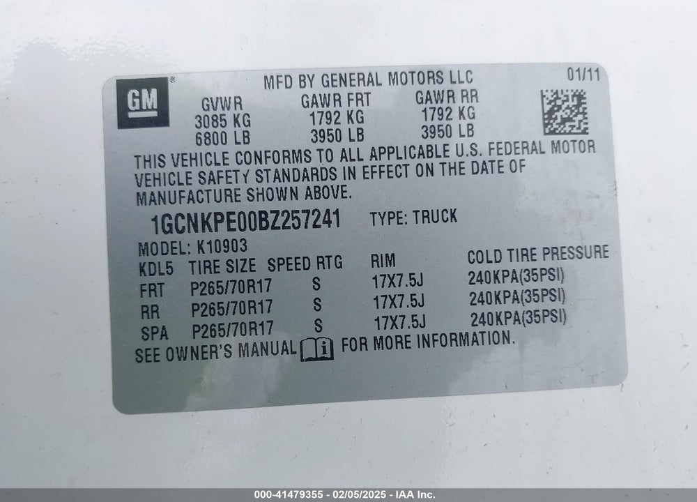 2011 CHEVROLET SILVERADO K1500 VIN: 1GCNKPE00BZ257241
