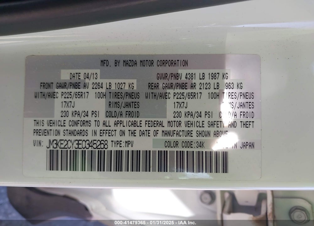 2014 MAZDA CX-5 TOURING VIN: JM3KE2CY3E0345268