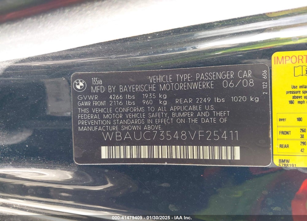 2008 BMW 135I VIN: WBAUC73548VF25411